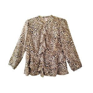 CHICO'S Animal Print Ruffle Top Sz 1 US Medium 8 Button Up Leopard Sheer Blouse